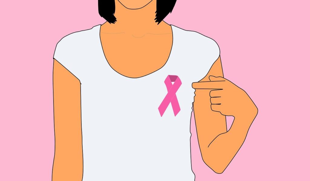 Cartoon image of a woman wearing October pink, breast cancer